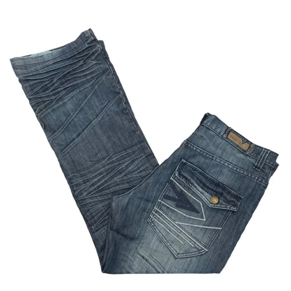 INDIGO 30 Men's Dark Denim Whiskered Jeans 36x34 Flaps Embroidery Bootcut EUC‎